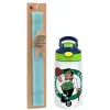 Easter Set, Children's thermal stainless steel bottle with safety straw, green/blue (350ml) & aromatic flat Easter candle (30cm) (TURQUOISE)