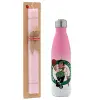 Easter Set, Metallic pink/white (Stainless steel) thermos, double-walled, 500ml & aromatic flat Easter candle (30cm) (PINK)
