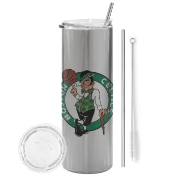 Boston Celtics, Tumbler ποτήρι θερμό Ασημένιο από ανοξείδωτο ατσάλι 600ml, με μεταλλικό καλαμάκι & βούρτσα καθαρισμού
