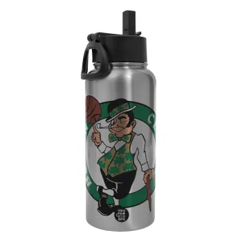Boston Celtics, Μεταλλικό παγούρι θερμός Silver με καλαμάκι και χερούλι (Stainless steel), διπλού τοιχώματος, 950ml
