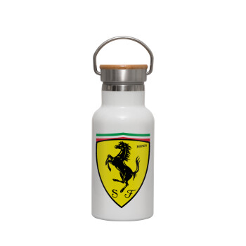 Ferrari, Μεταλλικό παγούρι θερμός (Stainless steel) Λευκό με ξύλινο καπακι (bamboo), διπλού τοιχώματος, 350ml
