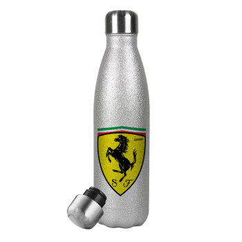 Ferrari, Μεταλλικό παγούρι θερμός Glitter Aσημένιο (Stainless steel), διπλού τοιχώματος, 500ml