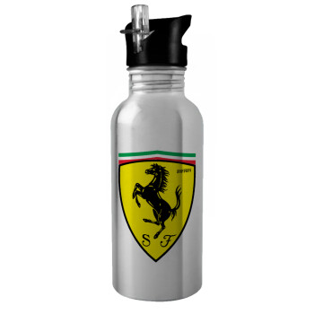 Ferrari, Παγούρι νερού Ασημένιο με καλαμάκι, ανοξείδωτο ατσάλι 600ml