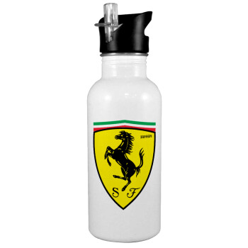 Ferrari, White water bottle with straw, stainless steel 600ml