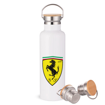 Ferrari, Μεταλλικό παγούρι θερμός (Stainless steel) Λευκό με ξύλινο καπακι (bamboo), διπλού τοιχώματος, 750ml