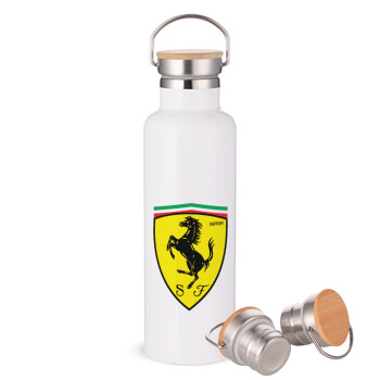 Ferrari, Μεταλλικό παγούρι θερμός (Stainless steel) Λευκό με ξύλινο καπάκι (bamboo), διπλού τοιχώματος, 750ml