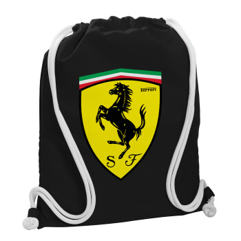Ferrari, Τσάντα πλάτης πουγκί GYMBAG Μαύρη, με τσέπη (40x48cm) & χονδρά λευκά κορδόνια