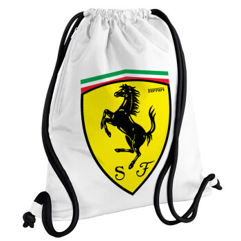 Ferrari, Τσάντα πλάτης πουγκί GYMBAG λευκή, με τσέπη (40x48cm) & χονδρά κορδόνια