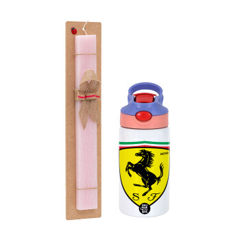 Ferrari, Easter Set, Children's thermal stainless steel water bottle with safety straw, pink/purple (350ml) & Easter scented flat candle (30cm) (PINK)