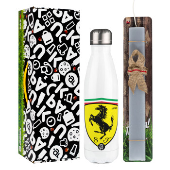 Ferrari, Easter candle, metallic white thermos bottle (500ml) & aromatic flat candle (30cm) (GRAY)