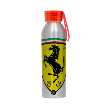 Ferrari, Αλουμινένιο Αθλητικό Μπουκάλι 650ml – Ασημί με Κόκκινο Καπάκι και Λουράκι Σιλικόνης
