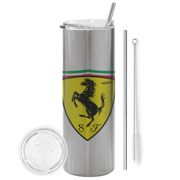 Ferrari, Eco friendly ποτήρι θερμό Ασημένιο (tumbler) από ανοξείδωτο ατσάλι 600ml, με μεταλλικό καλαμάκι & βούρτσα καθαρισμού