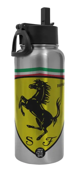 Ferrari — Μεταλλικό παγούρι θερμός Silver με καλαμάκι και χερούλι (Stainless steel), διπλού τοιχώματος, 950ml