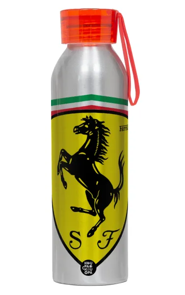 Ferrari — Αλουμινένιο Αθλητικό Μπουκάλι 650ml – Ασημί με Κόκκινο Καπάκι και Λουράκι Σιλικόνης