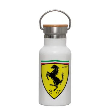 Ferrari, Μεταλλικό παγούρι θερμός (Stainless steel) Λευκό με ξύλινο καπακι (bamboo), διπλού τοιχώματος, 350ml