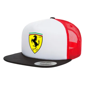 Ferrari, Adult Foam Flat Snapback with Mesh Black-White-Red (POLYESTER, ADULT, UNISEX, ONE SIZE)
