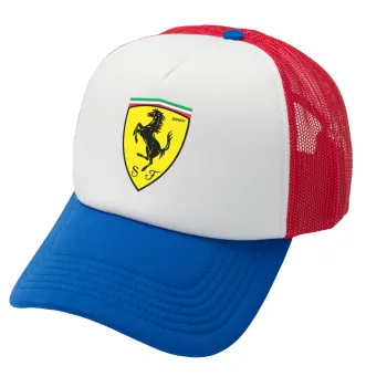 Ferrari, Adult Soft Trucker Hat with Red/Blue/White Mesh (POLYESTER, ADULT, UNISEX, ONE SIZE)