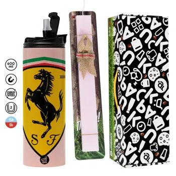 Ferrari, Easter candle,Travel Tumbler 2 Lids, with metal straw & cleaning brush & aromatic flat candle (30cm) (PINK)