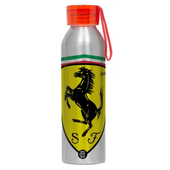 Ferrari, Αλουμινένιο Αθλητικό Μπουκάλι 650ml – Ασημί με Κόκκινο Καπάκι και Λουράκι Σιλικόνης
