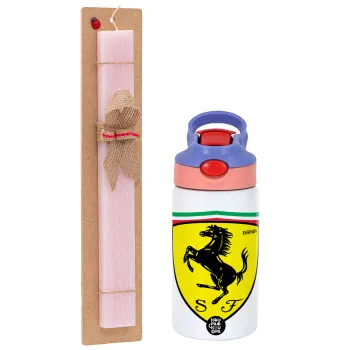 Ferrari, Easter Set, Children's thermal stainless steel water bottle with safety straw, pink/purple (350ml) & Easter scented flat candle (30cm) (PINK)