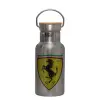 Stainless steel metallic thermos flask, silver with a bamboo lid, double-walled, 350ml.