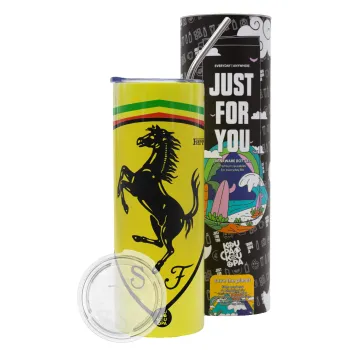 Ferrari, Neon Yellow Travel Tumbler θερμό, μεταλλικό καλαμάκι(Ανωξείδωτο 304 Food grade, BPA free, 600ml)