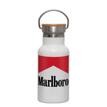 Marlboro, Μεταλλικό παγούρι θερμός (Stainless steel) Λευκό με ξύλινο καπακι (bamboo), διπλού τοιχώματος, 350ml