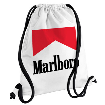 Marlboro, Τσάντα πλάτης πουγκί GYMBAG λευκή, με τσέπη (40x48cm) & χονδρά κορδόνια