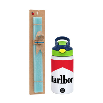 Marlboro, Πασχαλινό Σετ, Παιδικό παγούρι θερμό, ανοξείδωτο, με καλαμάκι ασφαλείας, πράσινο/μπλε (350ml) & πασχαλινή λαμπάδα αρωματική πλακέ (30cm) (ΤΙΡΚΟΥΑΖ)