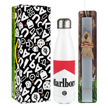 Marlboro, Πασχαλινή Λαμπάδα με μεταλλικό παγούρι θερμός λευκός (500ml) & λαμπάδα αρωματική πλακέ (30cm) (ΓΚΡΙ)