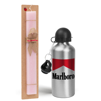 Marlboro, Easter Set, metallic Silver aluminum water bottle (500ml) & scented flat Easter candle (30cm) (PINK)