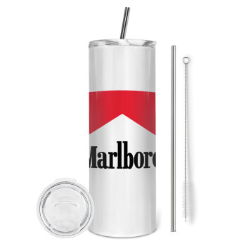 Marlboro, Tumbler ποτήρι θερμό από ανοξείδωτο ατσάλι 600ml, με μεταλλικό καλαμάκι & βούρτσα καθαρισμού