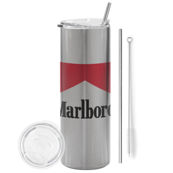 Marlboro, Tumbler ποτήρι θερμό Ασημένιο από ανοξείδωτο ατσάλι 600ml, με μεταλλικό καλαμάκι & βούρτσα καθαρισμού
