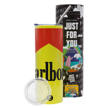 Marlboro, Neon Yellow Travel Tumbler, with metal straw (Stainless steel 304 Food grade, BPA free, 600ml)