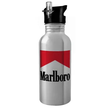 Marlboro, Water bottle Silver with straw, stainless steel 600ml