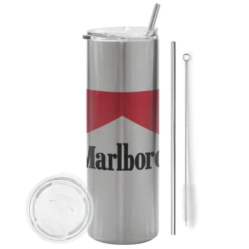 Marlboro, Tumbler ποτήρι θερμό Ασημένιο από ανοξείδωτο ατσάλι 600ml, με μεταλλικό καλαμάκι & βούρτσα καθαρισμού