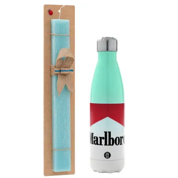 Marlboro, Πασχαλινή Λαμπάδα με Μεταλλικό παγούρι θερμός Πράσινο/Λευκό (Stainless steel), διπλού τοιχώματος, 500ml & κερί αρωματικό πλακέ (30cm) (ΤΙΡΚΟΥΑΖ)