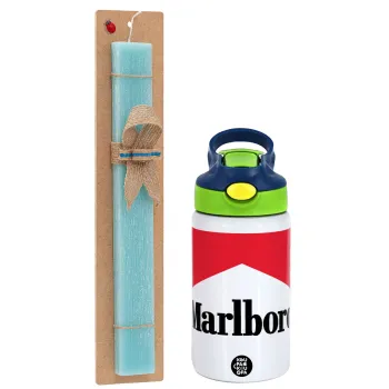 Marlboro, Easter Set, Children's thermal stainless steel bottle with safety straw, green/blue (350ml) & aromatic flat Easter candle (30cm) (TURQUOISE)