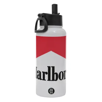 Marlboro, Μεταλλικό παγούρι θερμός Λευκό με καλαμάκι και χερούλι (Stainless steel), διπλού τοιχώματος, 950ml