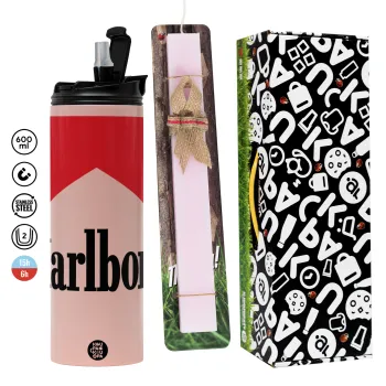 Marlboro, Easter candle,Travel Tumbler 2 Lids, with metal straw & cleaning brush & aromatic flat candle (30cm) (PINK)