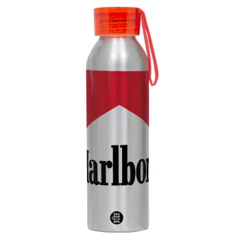 Marlboro, Αλουμινένιο Αθλητικό Μπουκάλι 650ml – Ασημί με Κόκκινο Καπάκι και Λουράκι Σιλικόνης