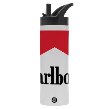 Marlboro, Μεταλλικό παγούρι θερμός με καλαμάκι & χειρολαβή, ανοξείδωτο ατσάλι (Stainless steel 304), διπλού τοιχώματος, 600ml