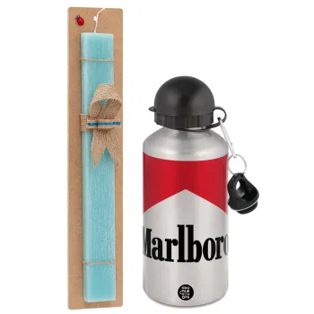 Marlboro, Πασχαλινή Λαμπάδα με παγούρι μεταλλικό Ασημένιο αλουμινίου (500ml) & κερί αρωματικό πλακέ (30cm) (ΤΙΡΚΟΥΑΖ)