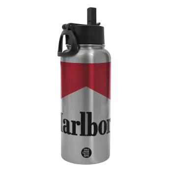 Marlboro, Metal mug thermo Silver with Straw and Spout Lid (Stainless steel), double wall, 950ml