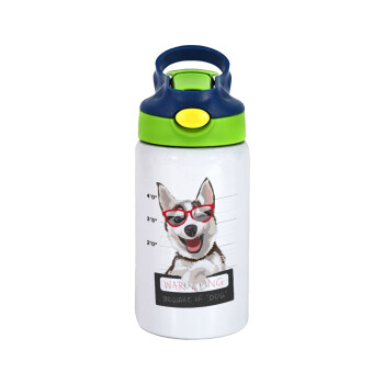 Warning, beware of Dog, Children's hot water bottle, stainless steel, with safety straw, green, blue (350ml)