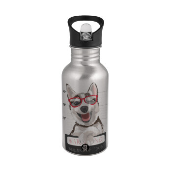 Warning, beware of Dog, Water bottle Silver with straw, stainless steel 500ml