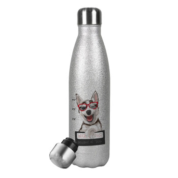 Warning, beware of Dog, Μεταλλικό παγούρι θερμός Glitter Aσημένιο (Stainless steel), διπλού τοιχώματος, 500ml