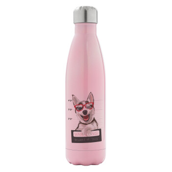 Warning, beware of Dog, Metal mug thermos Pink Iridiscent (Stainless steel), double wall, 500ml