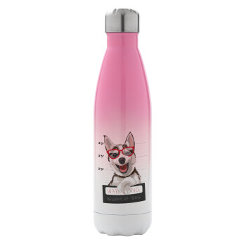 Warning, beware of Dog, Μεταλλικό παγούρι θερμός Ροζ/Λευκό (Stainless steel), διπλού τοιχώματος, 500ml