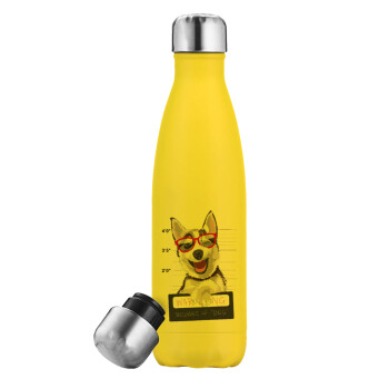 Warning, beware of Dog, Μεταλλικό παγούρι θερμός Κίτρινος (Stainless steel), διπλού τοιχώματος, 500ml
